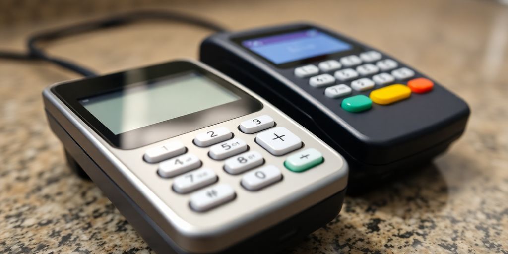 Two contrasting credit card readers on a countertop.