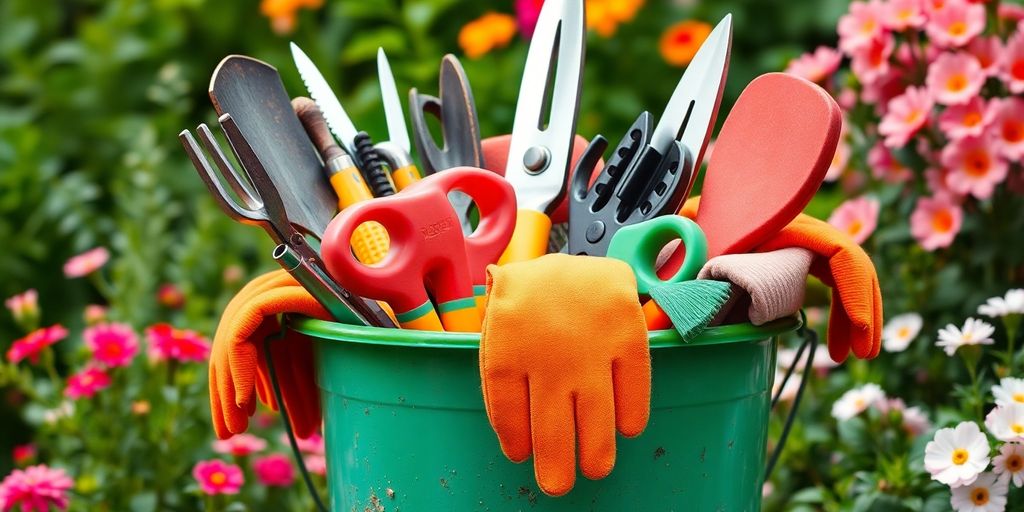 Colorful garden bucket with organized tools and flowers.