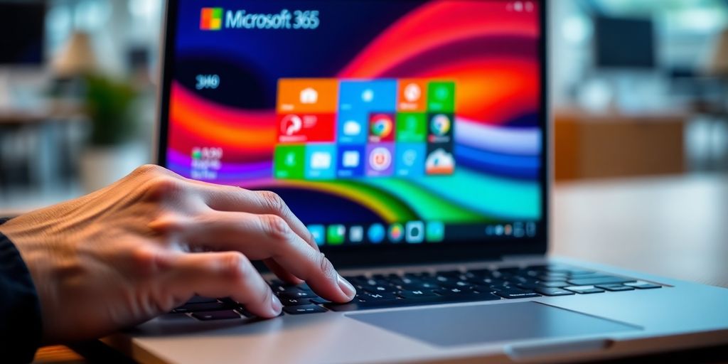 Person's hands using a laptop, Microsoft 365 visible.