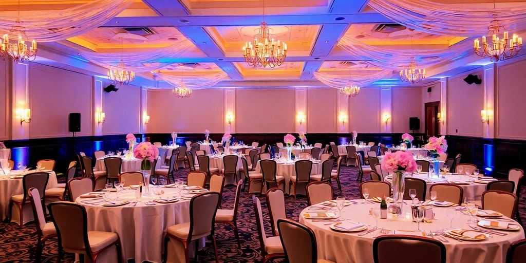 Elegante Eventlocation mit Tischen und Dekorationen.