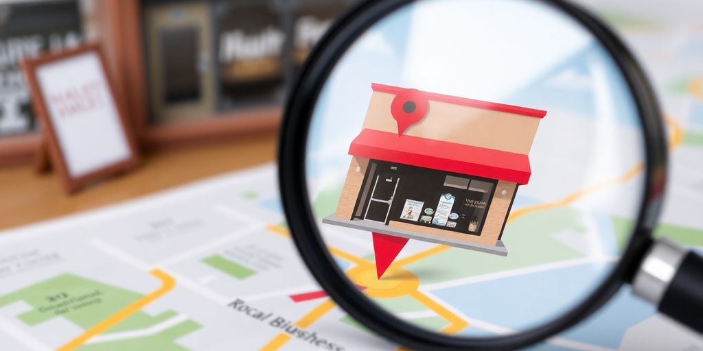 A magnifying glass hovering over a business on a map.