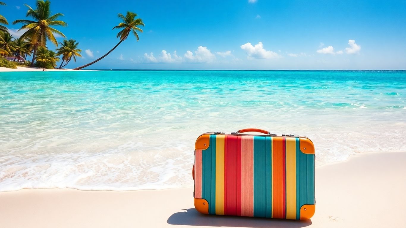 Tropical beach with suitcase and clear blue water.
