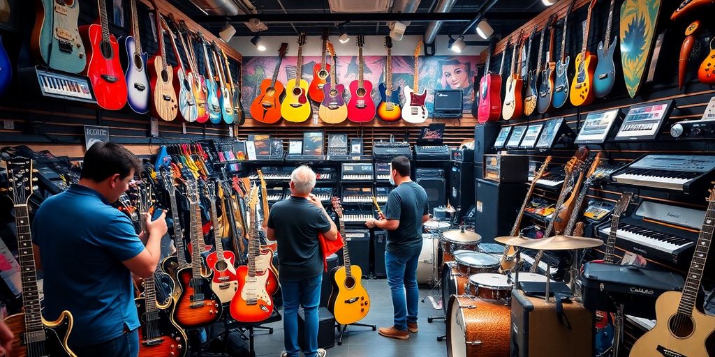Colorful musical instruments displayed in an inviting music store.