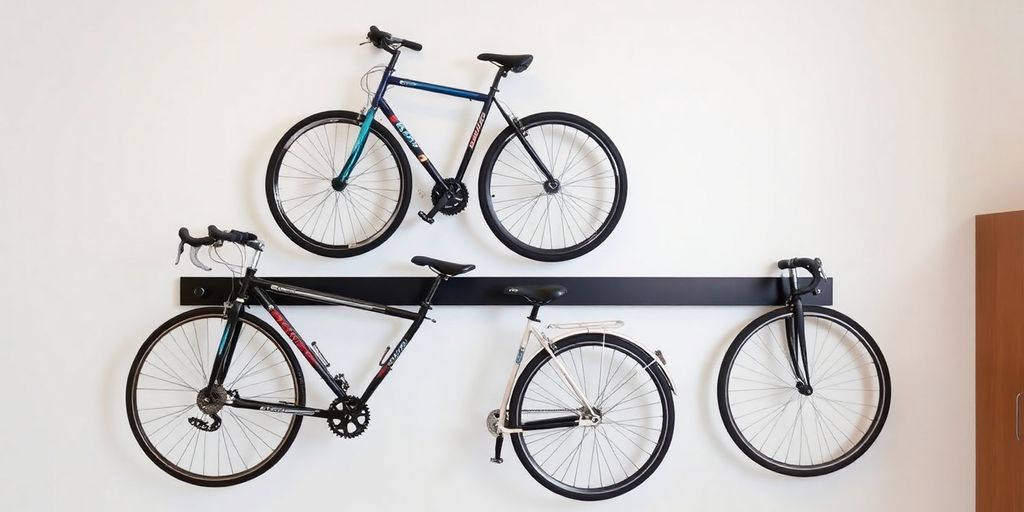 Horizontal bike rack mounted on a wall with bikes.