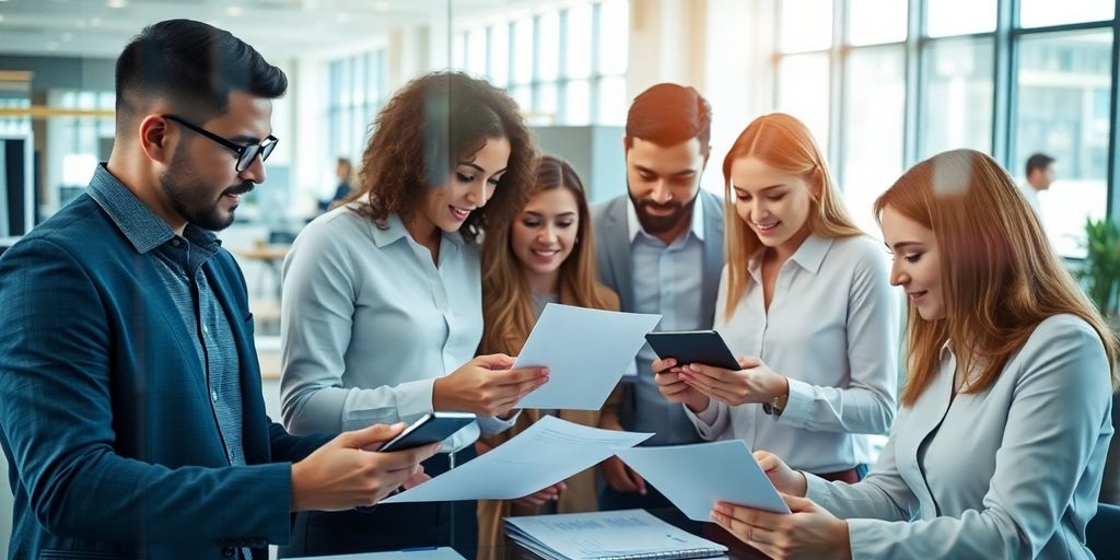 Diverse professionals collaborating in a modern office environment.