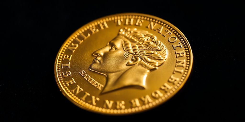 Une pièce de monnaie Napoléon en or sur un fond sombre.