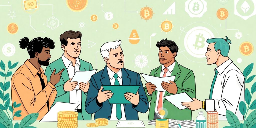 Investors discussing defi strategies with digital assets around.
