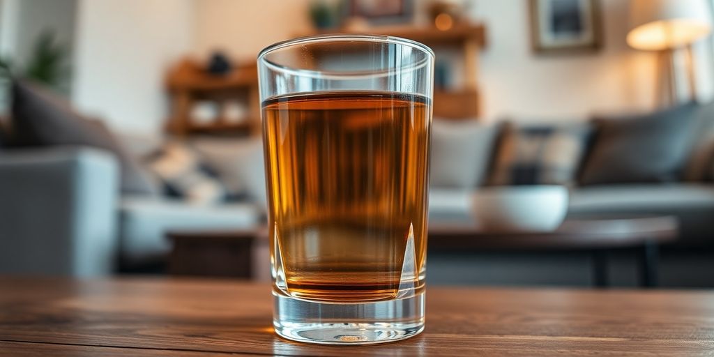 Glass of whiskey on a table in a cozy setting.