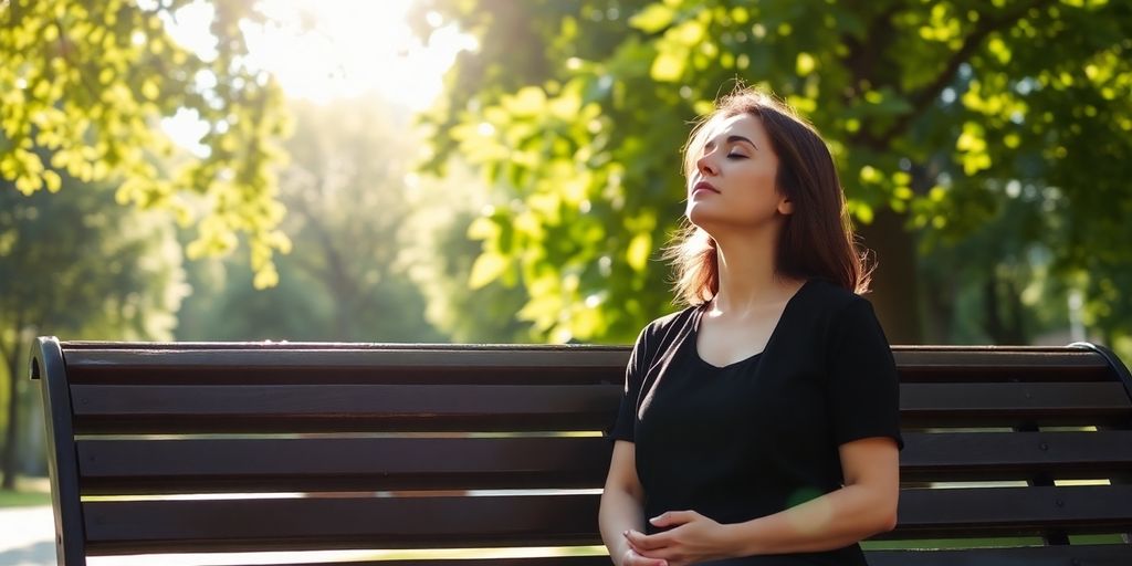 Person calmly breathing outdoors to manage daily life stress.