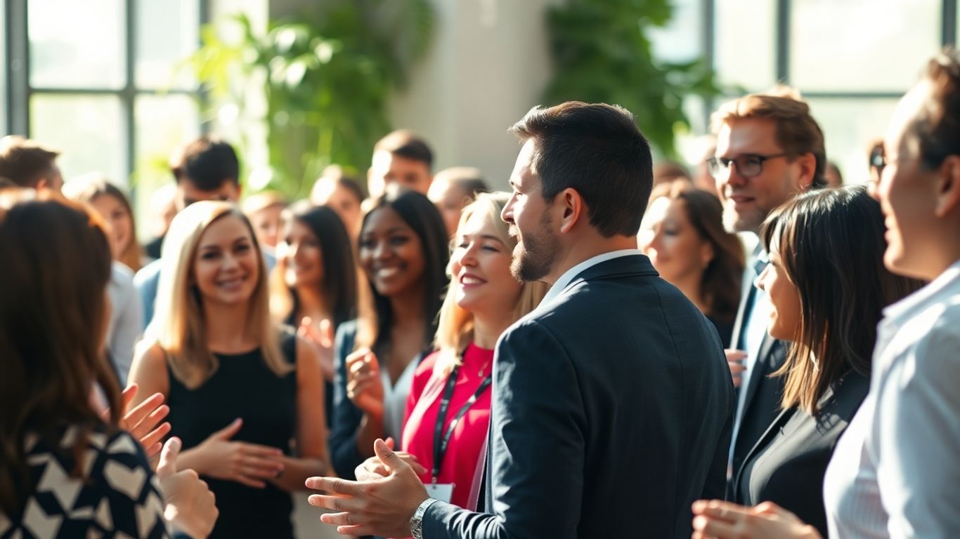 Professionals networking and conversing at a blockchain event.
