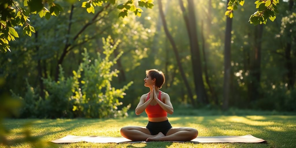 Person practicing yoga in a tranquil outdoor setting.