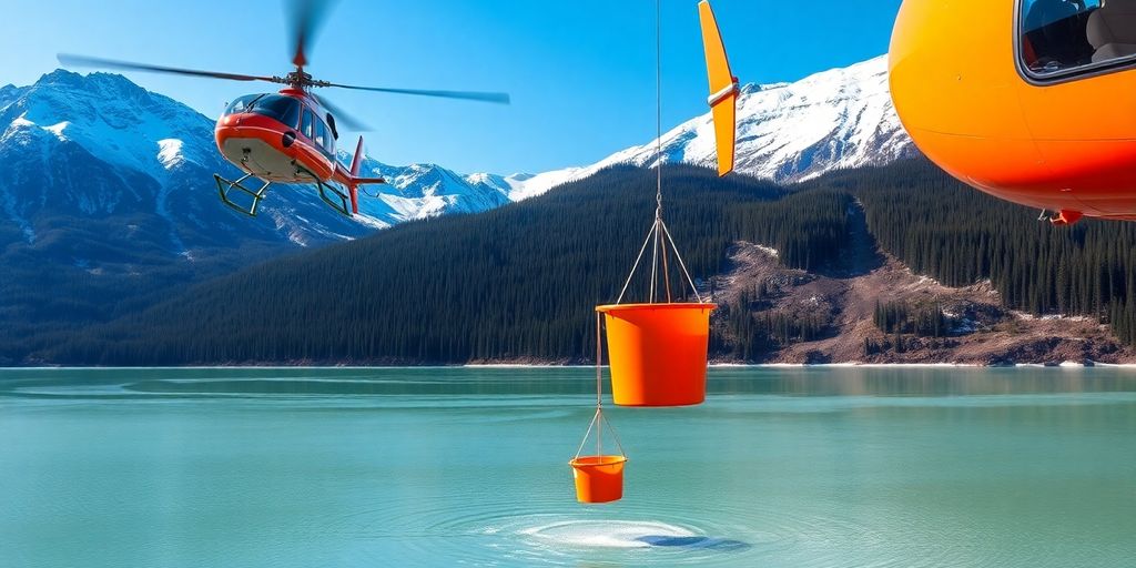 A helicopter with a Bambi bucket over an Alaskan lake.