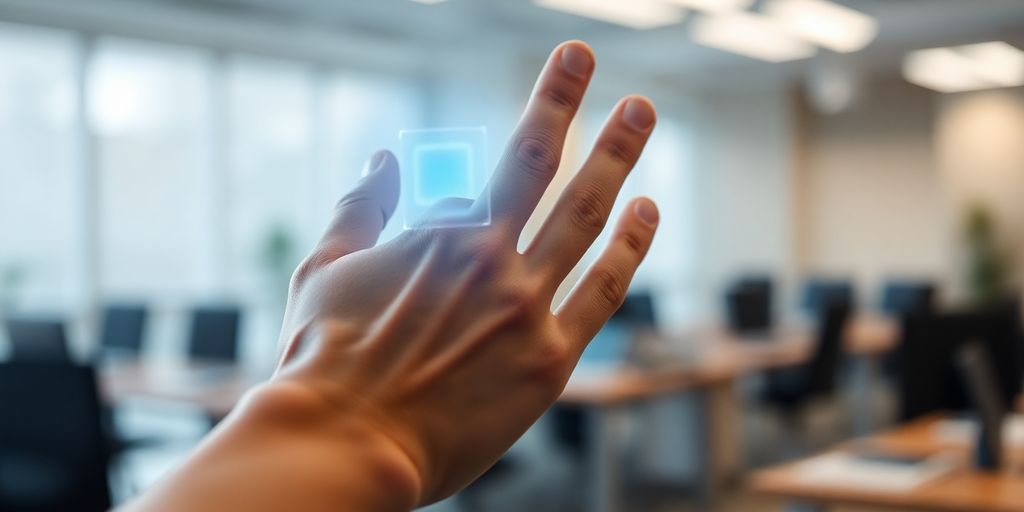 Human hand interacting with a glowing AI interface.