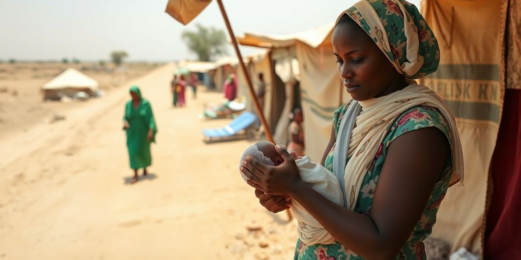 Woman delivering a baby on the road in Sudan.
