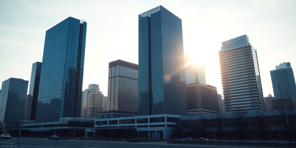 Paisaje urbano canadiense moderno con señales digitales.