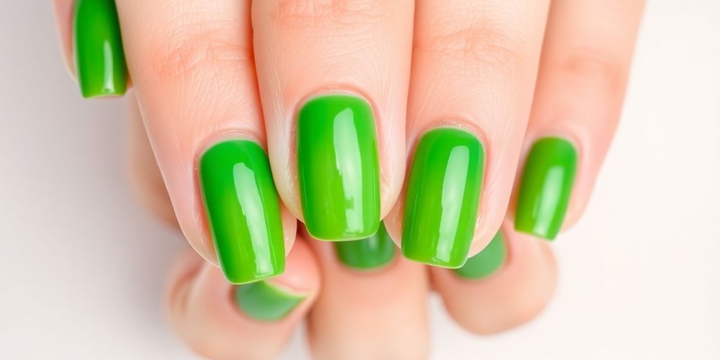 Healthy green nails on well-groomed hands.