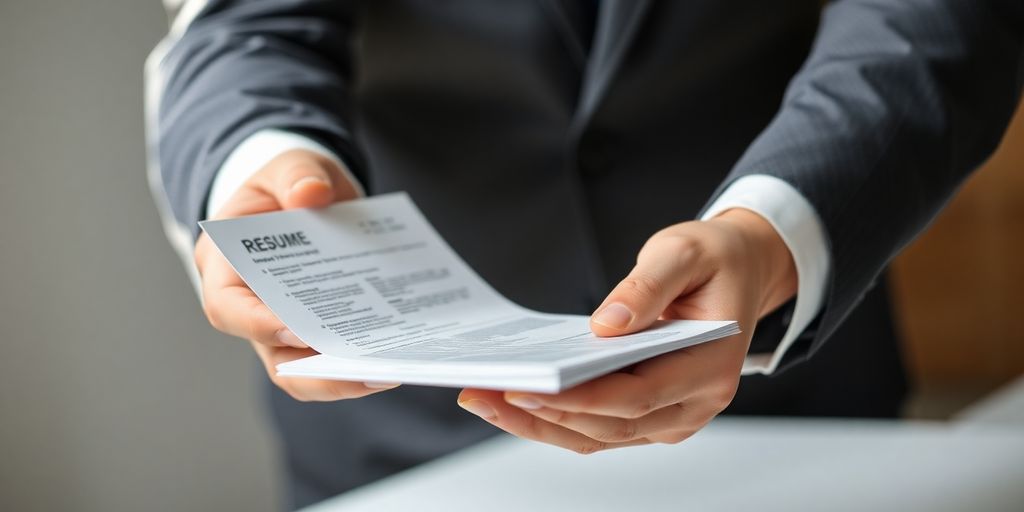 Professional hands exchanging a resume, focus on clean lines.