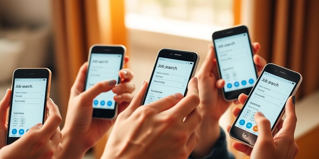 Seven diverse professionals using job search apps.
