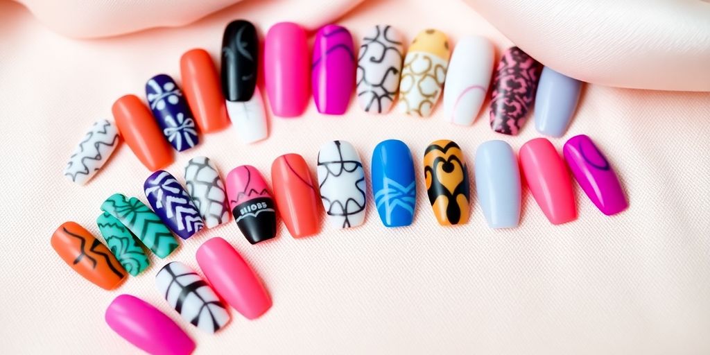 Colorful press on nails in various designs and styles.