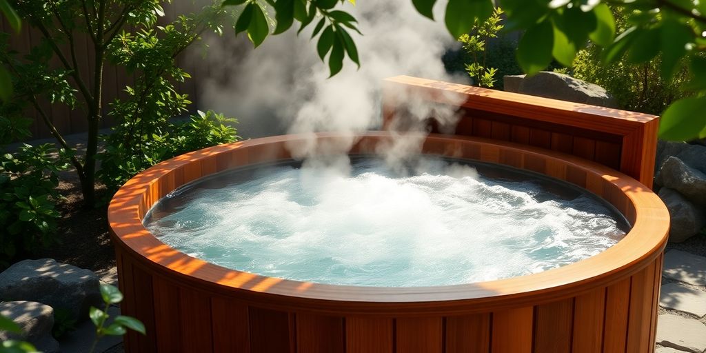 A steaming cedar hot tub in a lush garden.