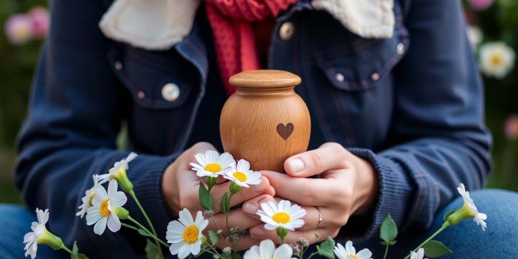 Pet owner with urn and flowers in a serene setting.