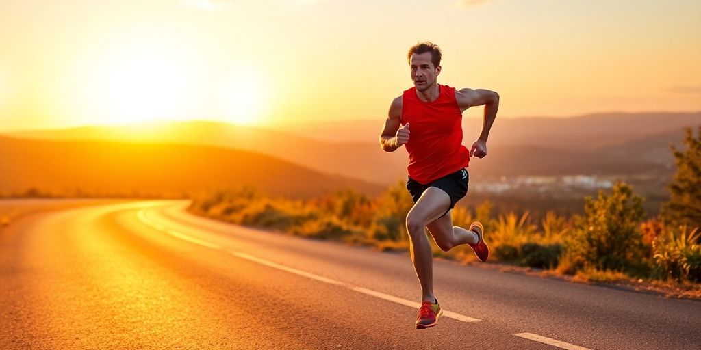 Runner sprinting on a scenic marathon route at sunrise.