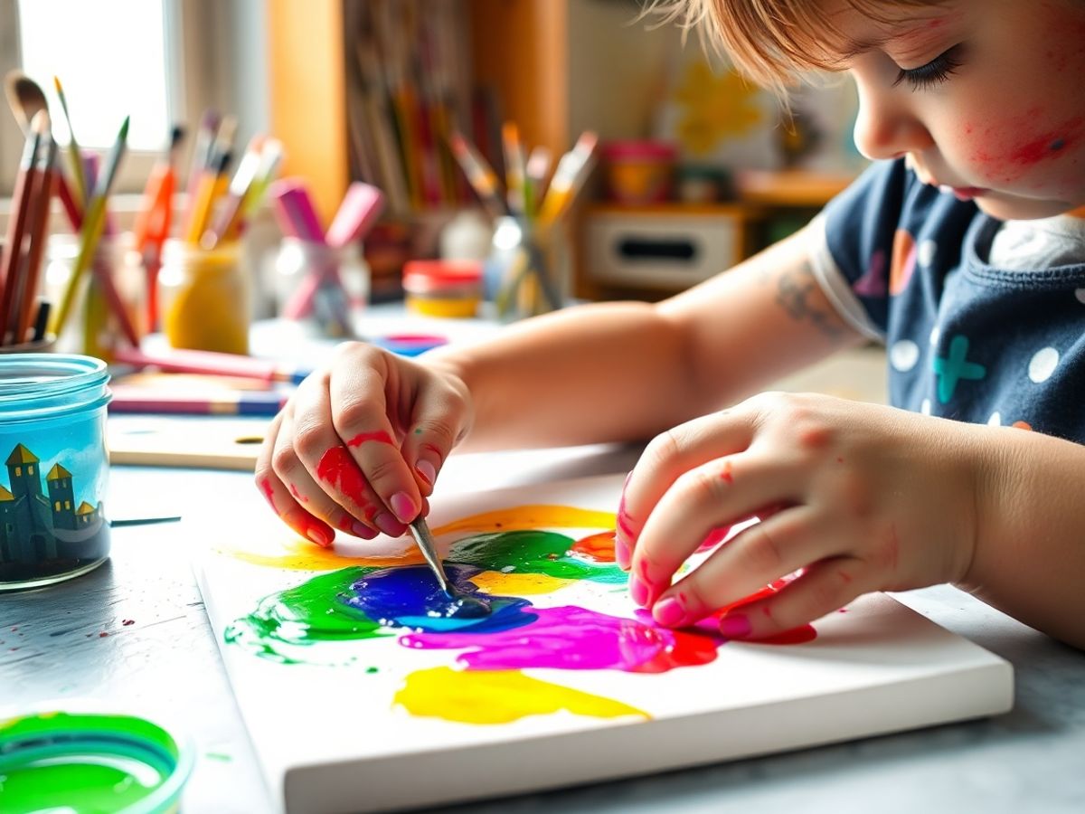 Copii pictând vesel, culori vibrante, bucurie creativă.