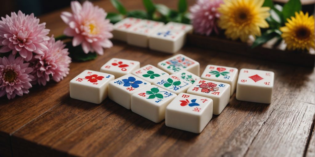 Mahjong tiles featuring flowers and jokers on a table.