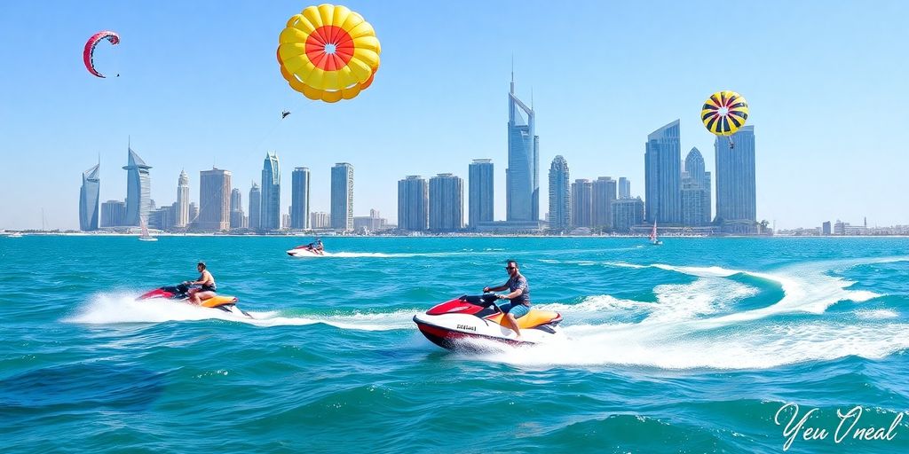 Jet skiers and parasailers in Abu Dhabi's turquoise waters.