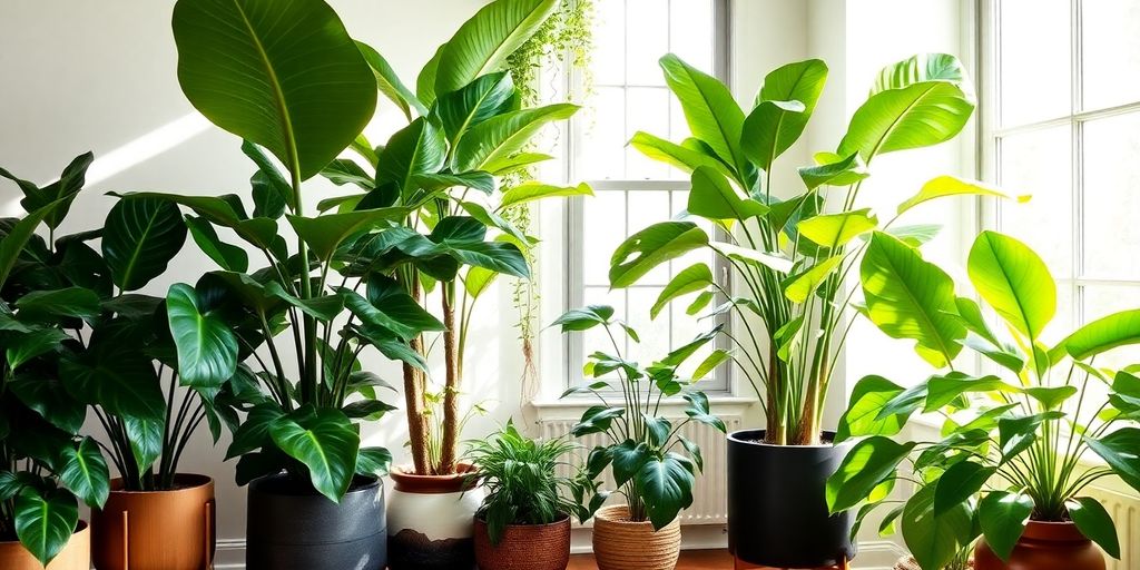 Lush indoor setting with large statement plants in pots.