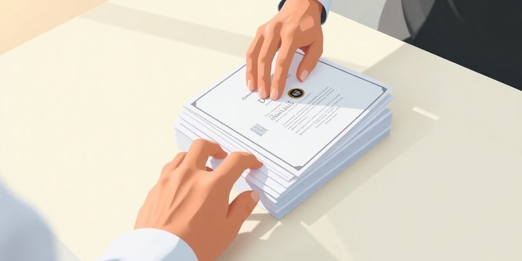 Person organizing education documents, illustrative image.