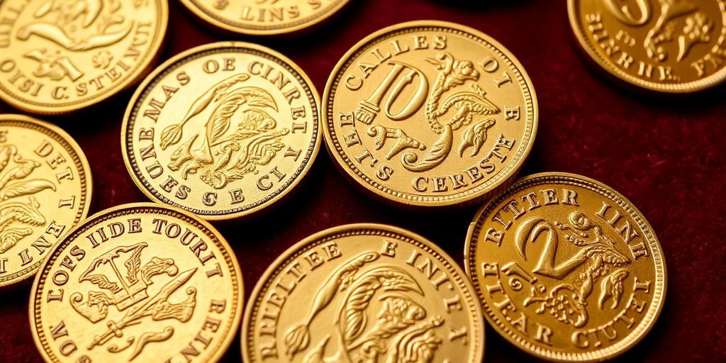 Des pièces en or Napoléon sur un fond en velours.