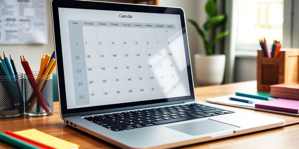 Digital calendar on laptop with study materials around it.