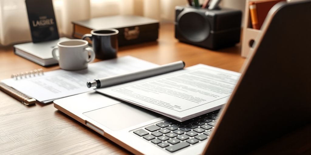 Laptop with legal documents and a coffee cup on desk.