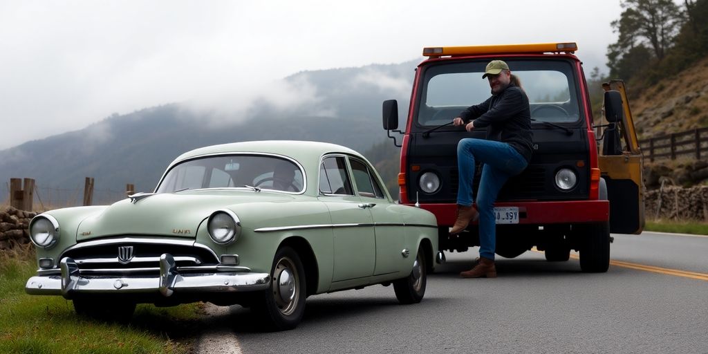 Car breakdown assistance on a misty road.