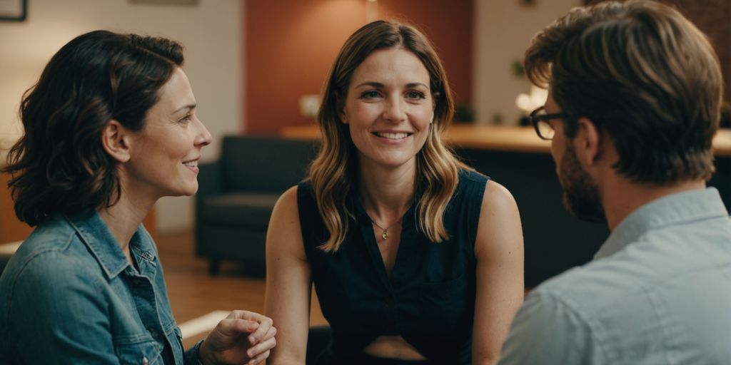 Polyamorous couple in therapy discussing relationship dynamics