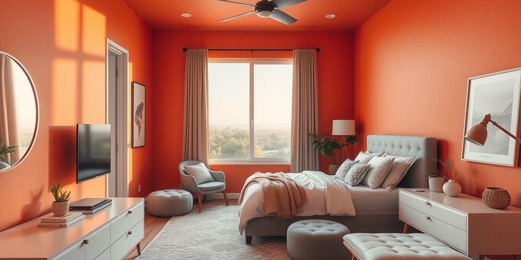 Bedroom with sunset orange walls and modern decor.