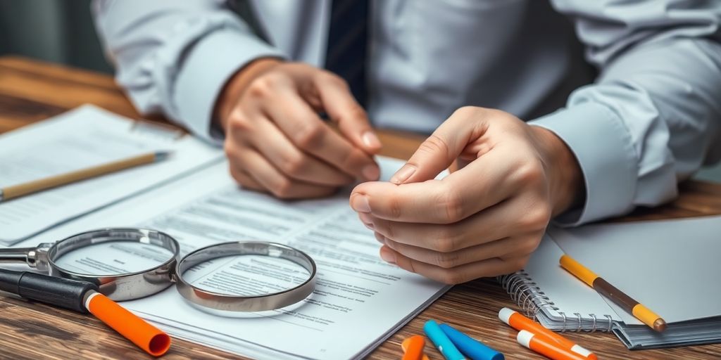 Private investigator with case file and investigation tools.