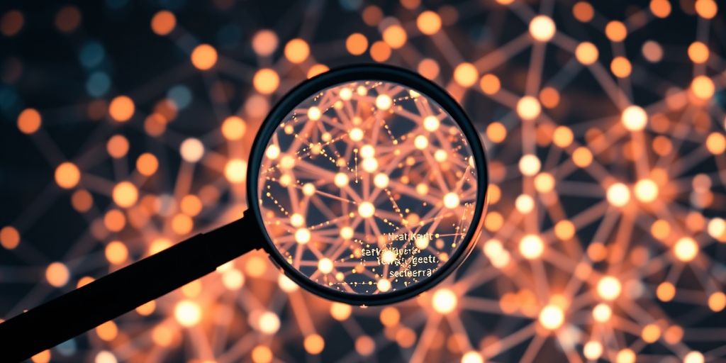 Digital magnifying glass over a network of interconnected glowing nodes.