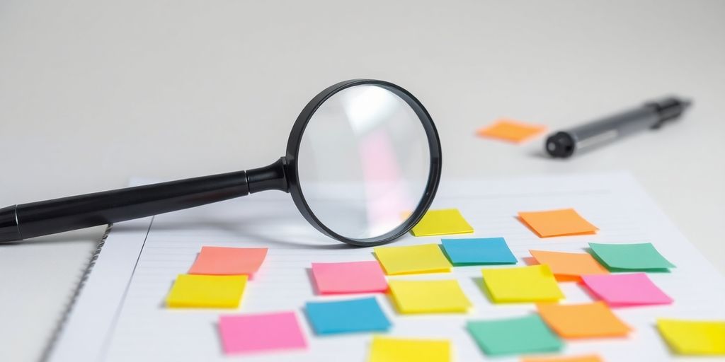 Magnifying glass on a notepad with colorful sticky notes.