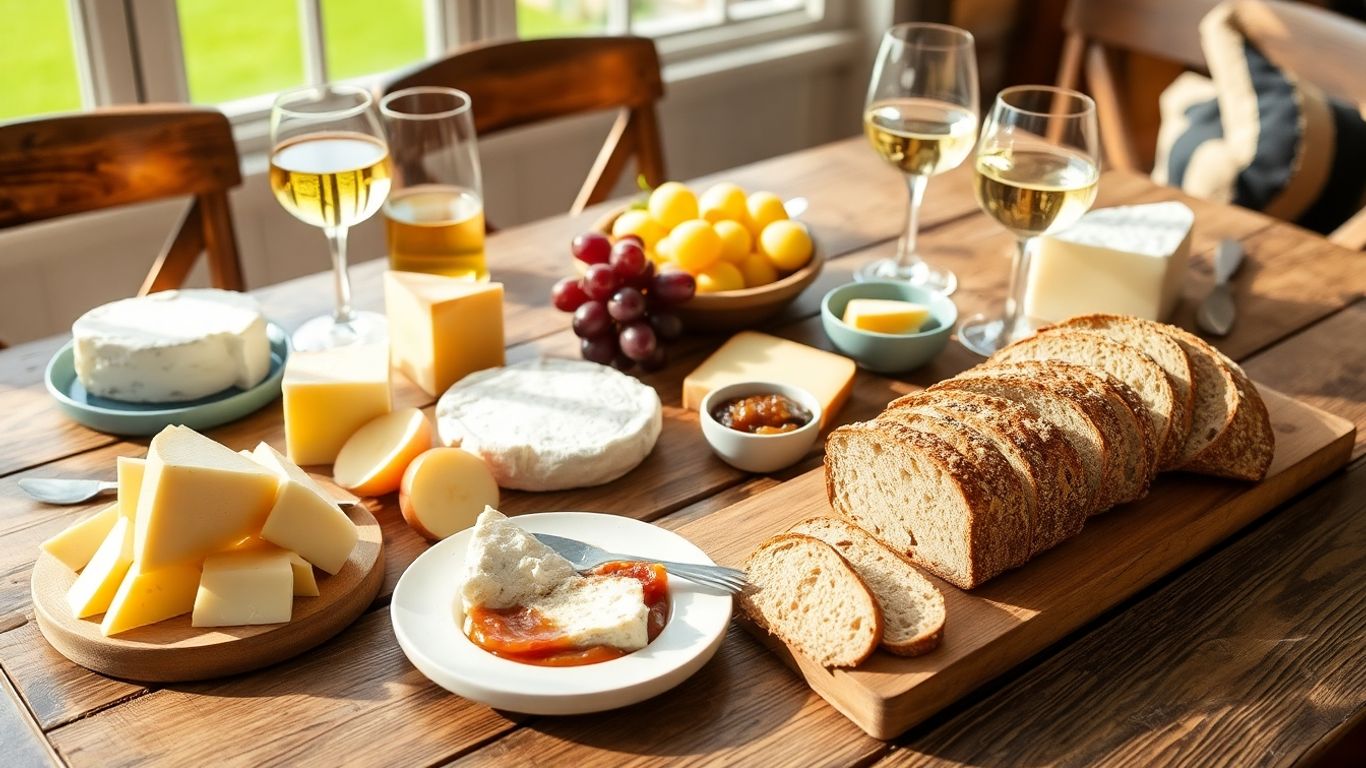 Devon cheeses and sourdough with fruit and drinks