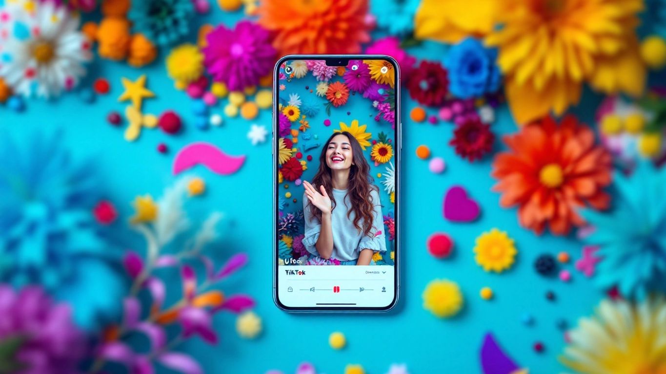 Smartphone with TikTok videos on a colorful background.