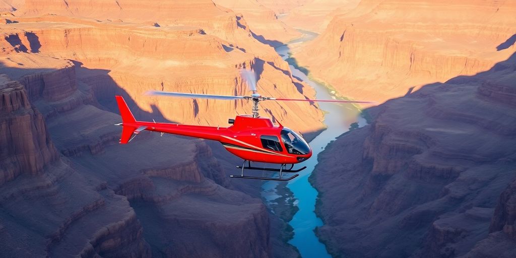 A red Papillon helicopter flies over the Grand Canyon.