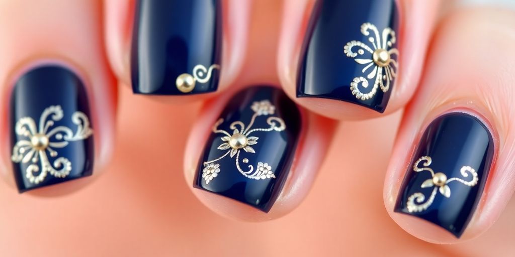 Unhas decoradas azul-marinho em close-up.