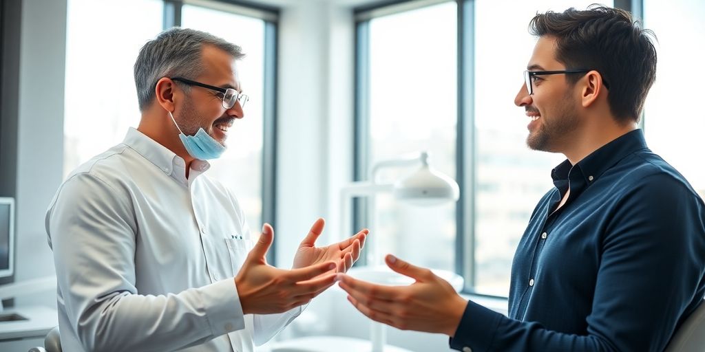 Dentist talks with consultant in modern office.
