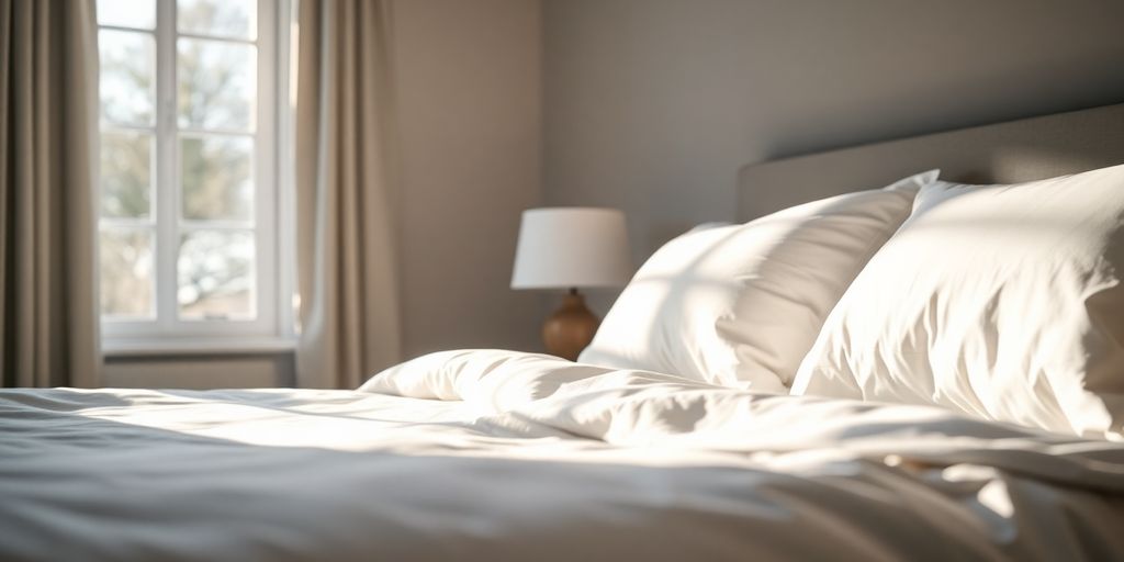 Peaceful bedroom scene with soft light and comfortable bed.