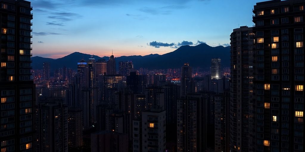 Hong Kong skyline with apartment buildings at dusk.