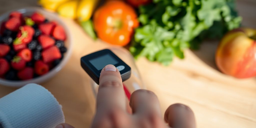 Person checking blood sugar, healthy food nearby.