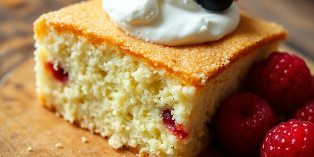 Slice of light and fluffy cake with berries and cream.