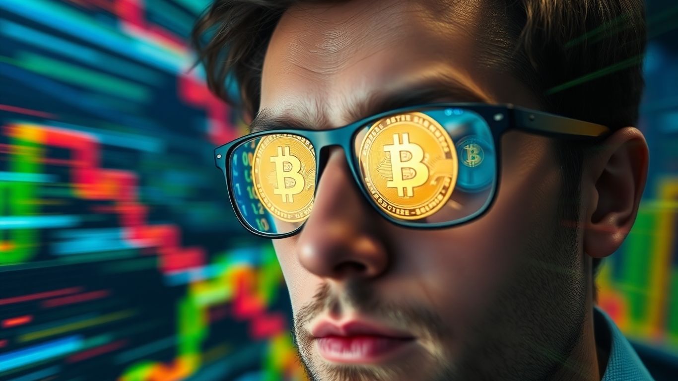 Trader's eyes reflecting crypto patterns, fast-paced market.